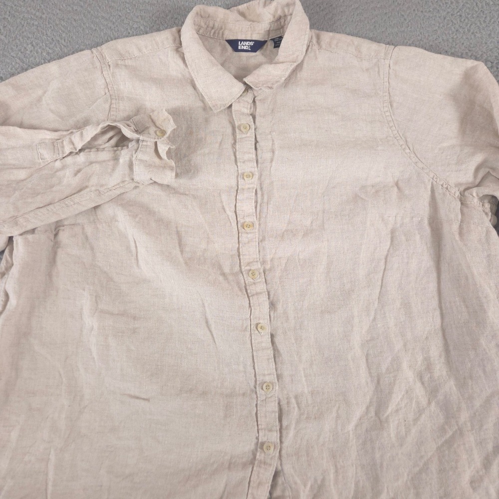 Lands'‎ End Shirt Women 2X Beige Linen Button Down Long Sleeve Breathable Blouse
